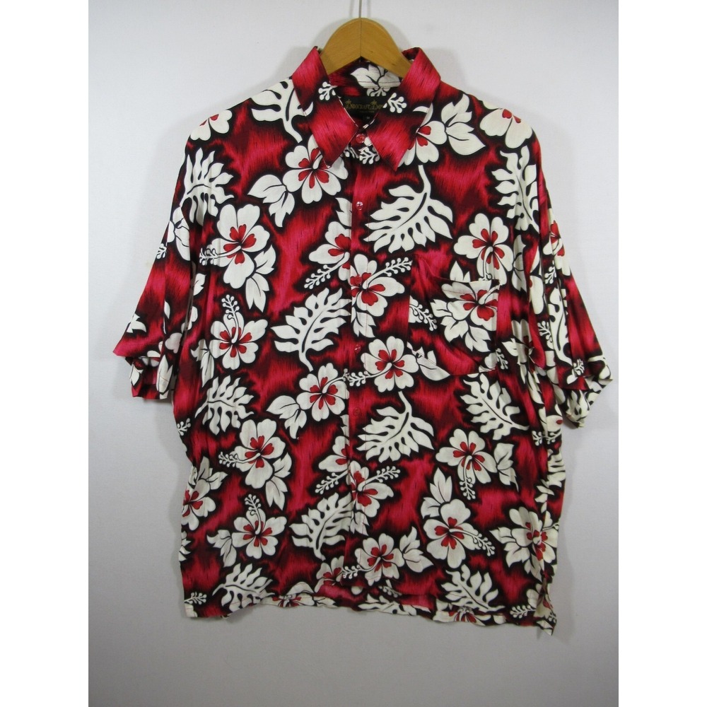Hibiscus Print Hawaiian Shirt Men Medium Red Short Sleeve Tropical Floral